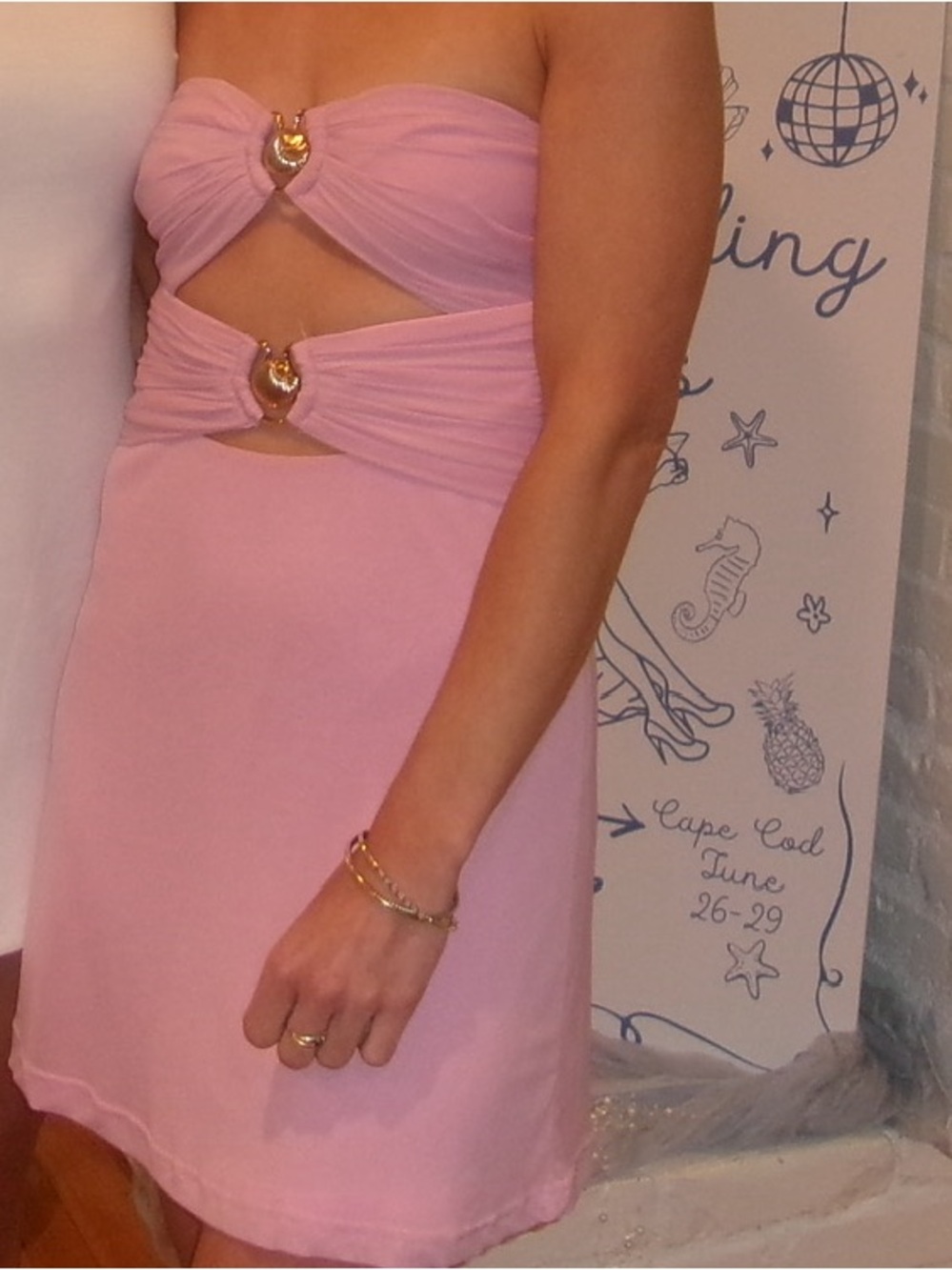 Hello Molly Pink Strapless Cutout Mini Dress with Gold Shell Accents